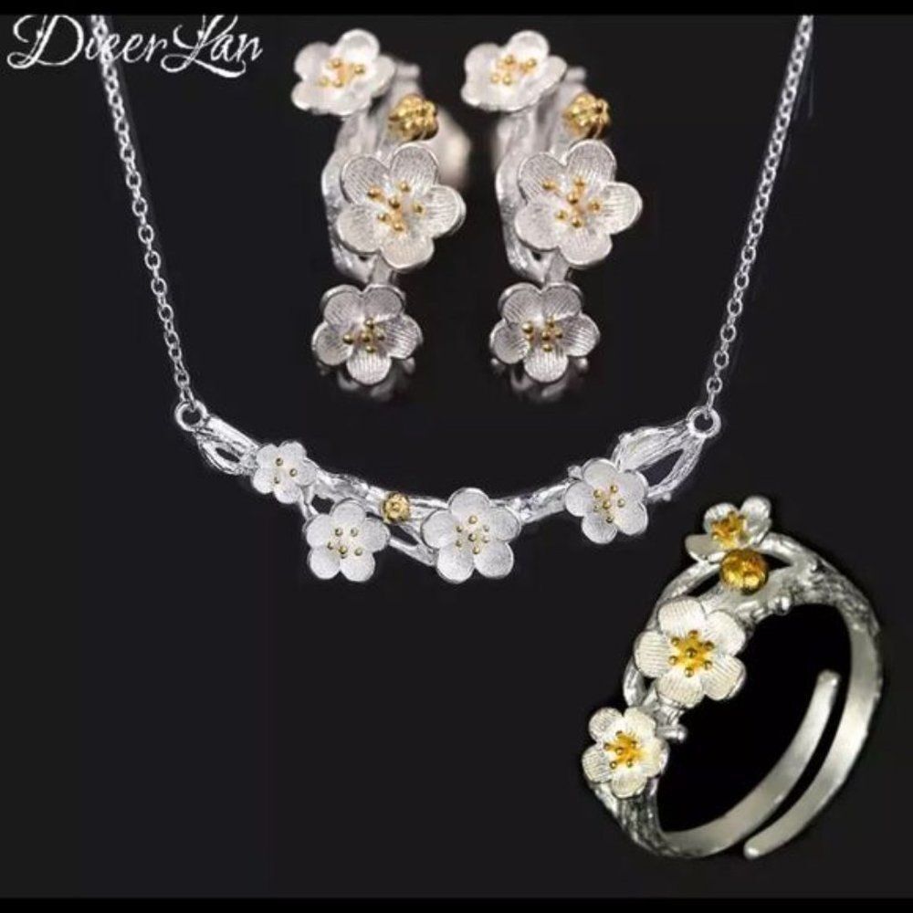 Floral Jewelry Set Necklaces Earrings Ring Silver Plated